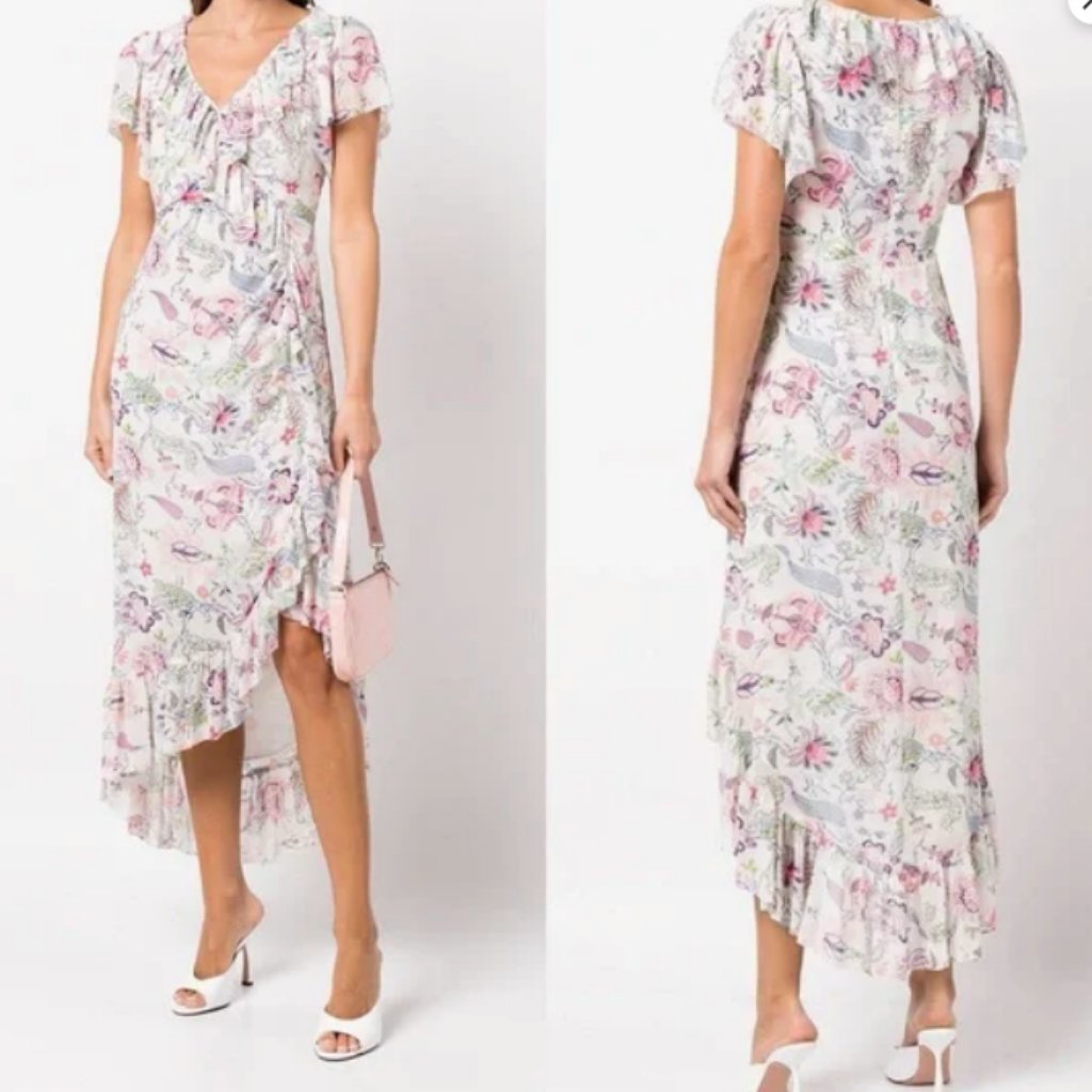 Cinq A Sept Sheila Floral Dress With Ruffled Hem And Flutter Sleeves Size 8 Nwt
